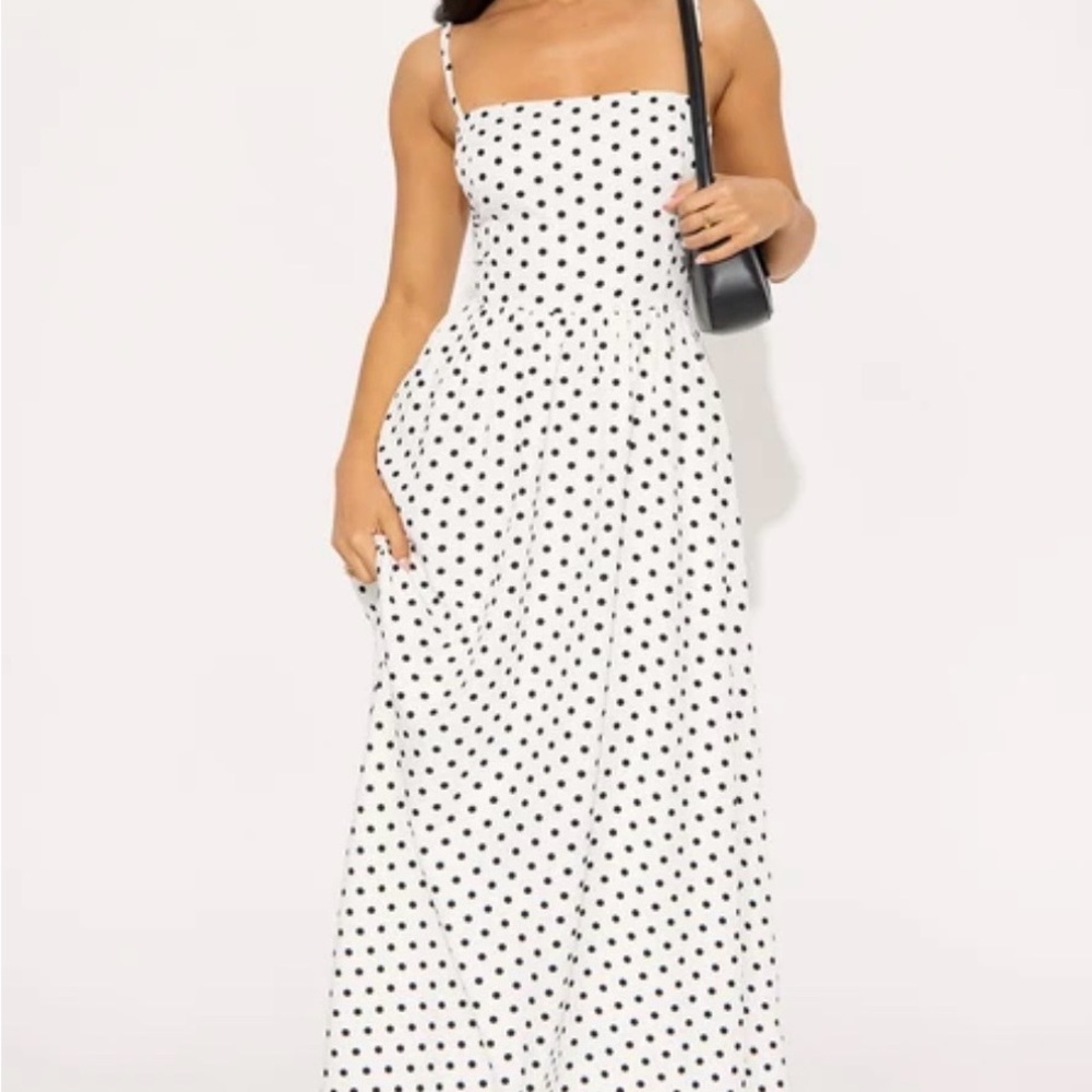 Fashion Nova White Maxi Dress with Black Polka Dots